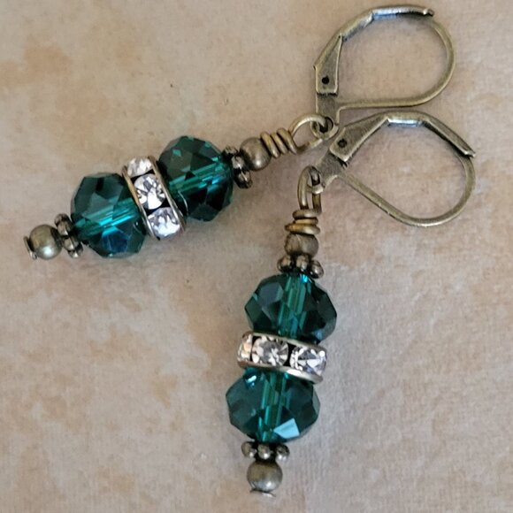 Peacock Green Crystal Clear Rhinestone Rondelle Earrings Bronze Brass Lever Back - Picture 3 of 5
